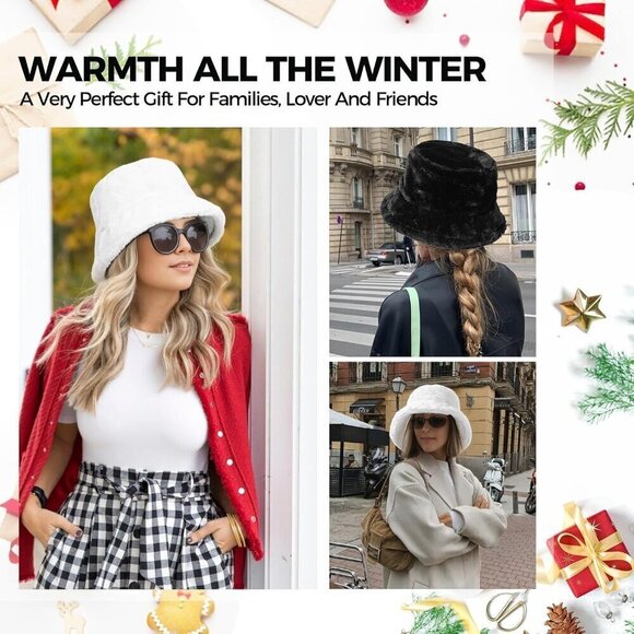 ✨Bfons Women Black Faux Fur Fluffy Warm Hat Furry Fisherman Bucket Casual Cap main image 5